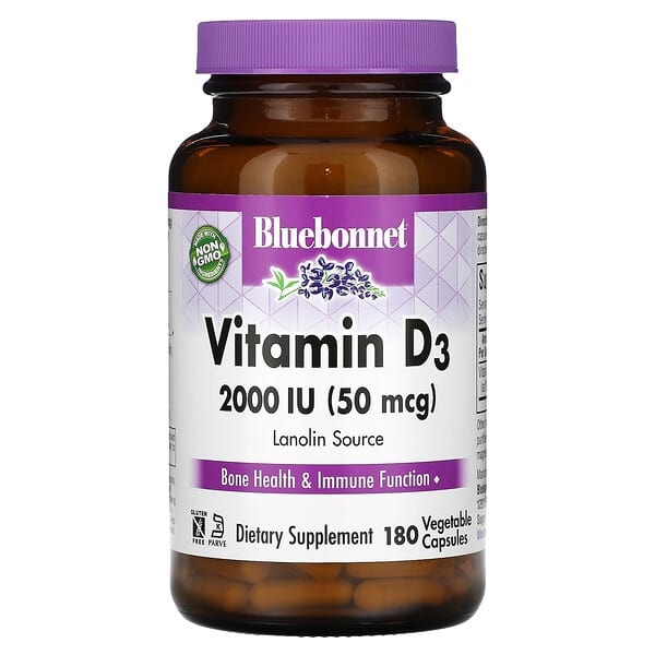 Bluebonnet Nutrition, Vitamina D3, 50 mcg (2000 UI), 180 cápsulas vegetales