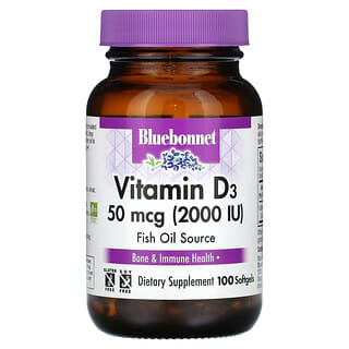 Bluebonnet Nutrition, Витамин D3, 50 мкг (2000 МЕ), 100 мягких таблеток