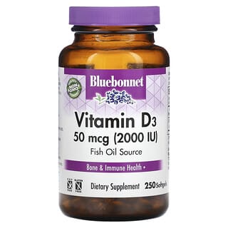 Bluebonnet Nutrition, Vitamina D3, 2000 IU, 250 cápsulas blandas
