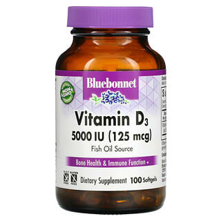 Bluebonnet Nutrition, Vitamina D3, 125 mcg (5000 UI), 100 cápsulas blandas
