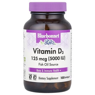 Bluebonnet Nutrition, Vitamina D3, 125 mcg (5.000 UI), 100 Cápsulas Softgel