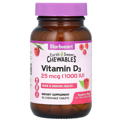 Bluebonnet Nutrition, EarthSweet® Chewable Vitamin D3, Raspberry Flavor, 25 mcg (1000 IU), 90 Chewable Tablets