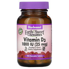 Bluebonnet Nutrition, Earth Sweet 츄어블, 비타민D3, 라즈베리, 1,000 IU (25 mcg), 츄어블 90정