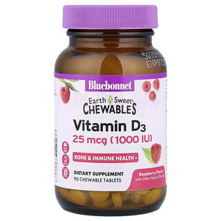 Bluebonnet Nutrition, EarthSweet®, витамин D3, малина, 25 мкг (1000 МЕ), 90 жевательных таблеток