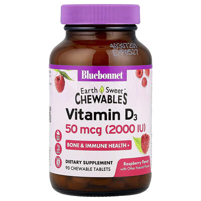 Bluebonnet Nutrition, EarthSweet Chewables, Vitamin D3, Natural Raspberry Flavor, 2,000 IU, 90 Chewable Tablets