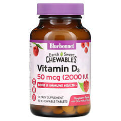 Bluebonnet Nutrition, Masticables EarthSweet, Vitamina D3, sabor natural a frambuesa, 2,000 IU, 90 cápsulas masticables