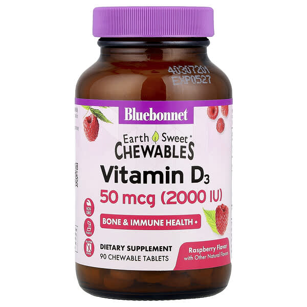 Bluebonnet Nutrition EarthSweet® Chewables, Vitamin D3, Raspberry, 50 mcg (2000 IU), 90 Chewable Tablets