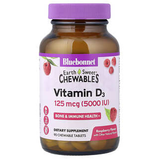 Bluebonnet Nutrition, витамин D3, малина, 5000 МЕ (125 мкг), 90 жевательных таблеток