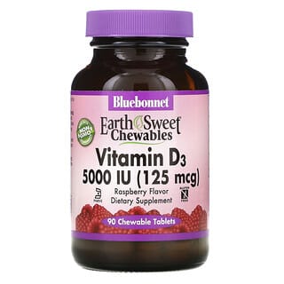Bluebonnet Nutrition, Vitamina D3, Frambuesa, 5000 UI (125 mcg), 90 comprimidos masticables