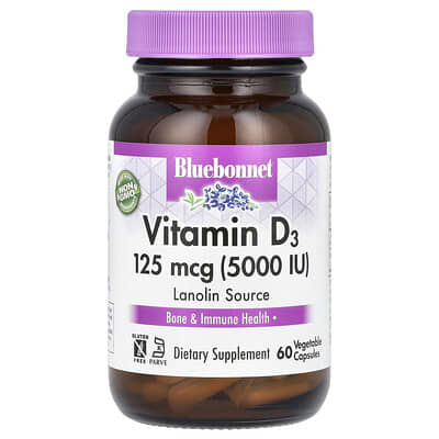 Bluebonnet Nutrition, Vitamin D3, 125 mcg (5,000 IU), 60 Vegetarian Capsules