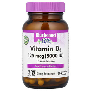 Bluebonnet Nutrition, Vitamin D3, 125 mcg (5,000 IU), 60 Vegetable Capsules
