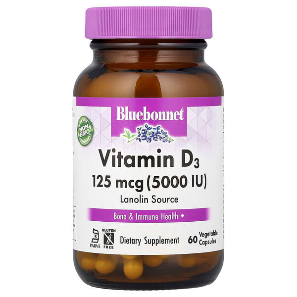 Bluebonnet Nutrition, Vitamin D3, 125 mcg (5,000 IU), 60 Vegetable Capsules — product photo 1