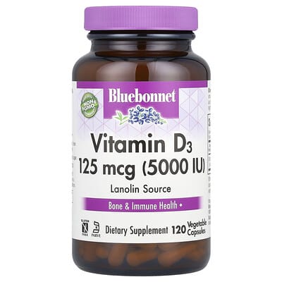 Bluebonnet Nutrition, Vitamin D3, 5,000 IU, 120 Vegetarian Capsules