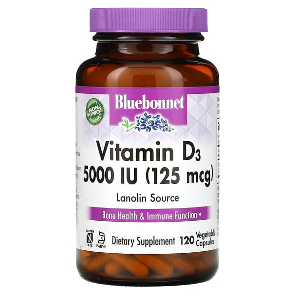 Bluebonnet Nutrition, Витамин D3, 5000 МЕ, 120 растительных капсул