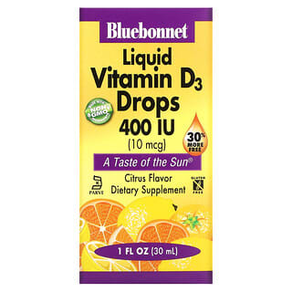 Bluebonnet Nutrition, Gotas de Vitamina D3 Líquida, Sabor Cítrico Natural, 400 UI, frasco de 1 oz (30 ml)