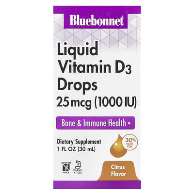 Bluebonnet Nutrition, Liquid Vitamin D-3 Drops, Citrus Flavor, 25 mcg (1,000 IU), 1 fl oz (30 ml)