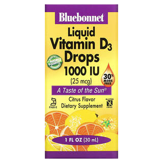 Bluebonnet Nutrition, Жидкий витамин D3, в каплях, натуральный цитрусовый вкус, 1,000 МЕ, 1 жидкая унция (30 мл)