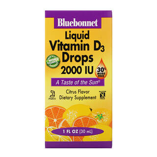 Bluebonnet Nutrition, Gouttes de vitamine D3 liquide, Saveur naturelle d’agrumes, 2,000 IU, 1 oz liq (30 ml)