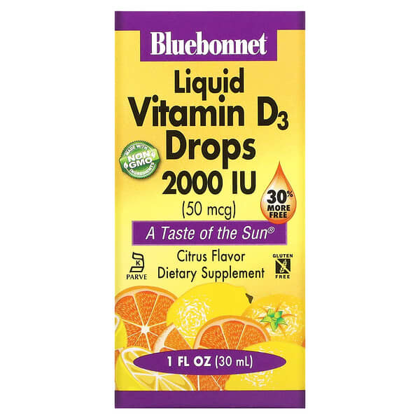 Bluebonnet Nutrition, Gotas de vitamina D3 líquida, sabor cítrico natural, 2.000 UI, 1 oz fluida (30 ml)