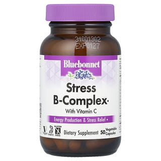 Bluebonnet Nutrition, Complejo de vitaminas B contra el estrés con vitamina C, 50 cápsulas vegetales