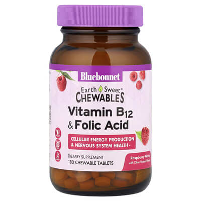 Bluebonnet Nutrition, EarthSweet Chewables, Vitamin B12 & Folic Acid, Natural Raspberry Flavor, 180 Chewable Tablets