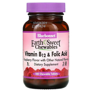 Bluebonnet Nutrition, Masticables de EarthSweet, Vitamina B-12 & ácido fólico, con sabor natural a frambuesa, 180 cápsulas masticables.