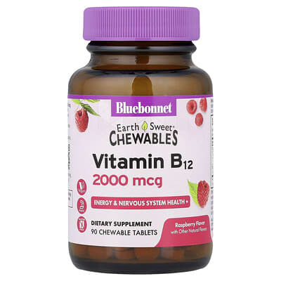 Bluebonnet Nutrition, Earth Sweet® Chewable Tablets, Vitamin B12, Raspberry Flavor, 2,000 mcg, 90 Chewable Tablets