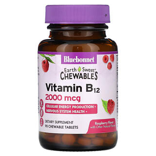 Bluebonnet Nutrition, EarthSweet, Comprimidos masticables, Vitamina B12, Frambuesa, 2000 mcg, 90 comprimidos masticables