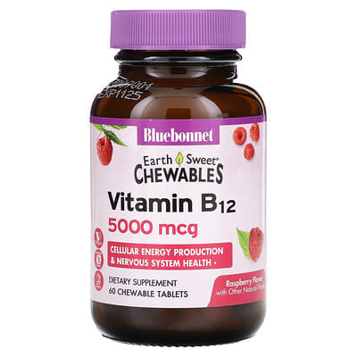 Bluebonnet Nutrition, Earth Sweet® Chewable Tablets, Vitamin B12, Raspberry Flavor, 5,000 mcg, 60 Chewable Tablets