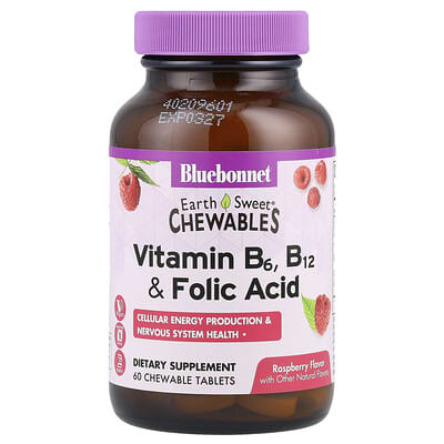 Bluebonnet Nutrition, Earth Sweet® Chewable Tablets, Vitamins B6, B12 & Folic Acid, Raspberry Flavor, 60 Tablets