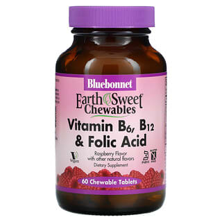 Bluebonnet Nutrition, Earth Sweet Chewables, Vitamina B6, B12 y ácido fólico, Frambuesa, 60 comprimidos masticables
