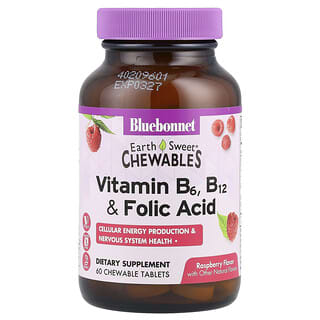 Bluebonnet Nutrition, Earth Sweet®, Cápsulas Mastigáveis, Vitaminas B6, B12 e Ácido Fólico, Framboesa, 60 Comprimidos Mastigáveis