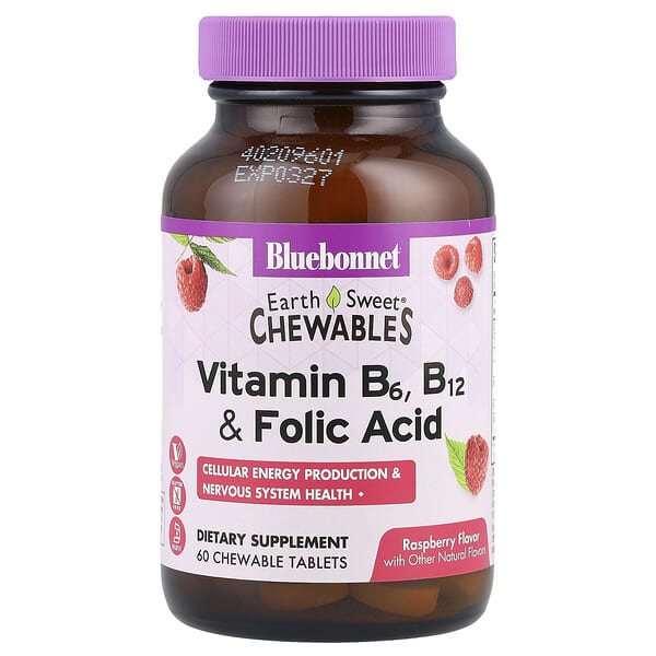 Bluebonnet Nutrition, Earth Sweet® 咀嚼片，維生素 B6、B12 和葉酸，樹莓味，60 片