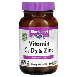 Bluebonnet Nutrition, Vitamine C, D3 et zinc, 50 capsules végétales