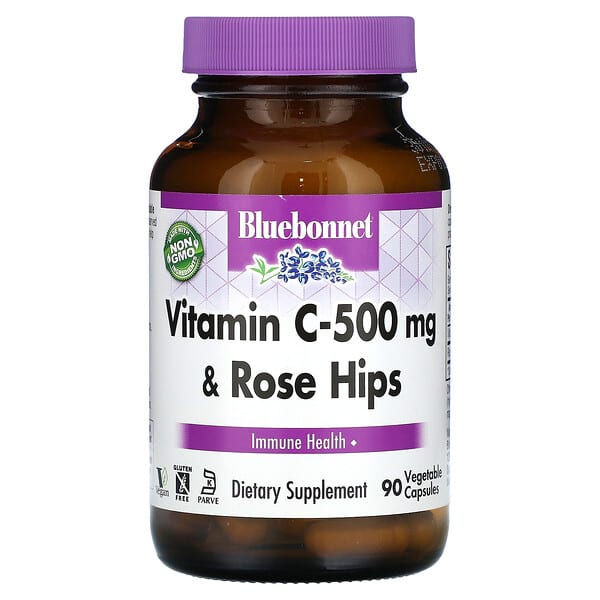 Bluebonnet Nutrition, 維生素 C - 500 毫克和玫瑰果，90 粒素食膠囊