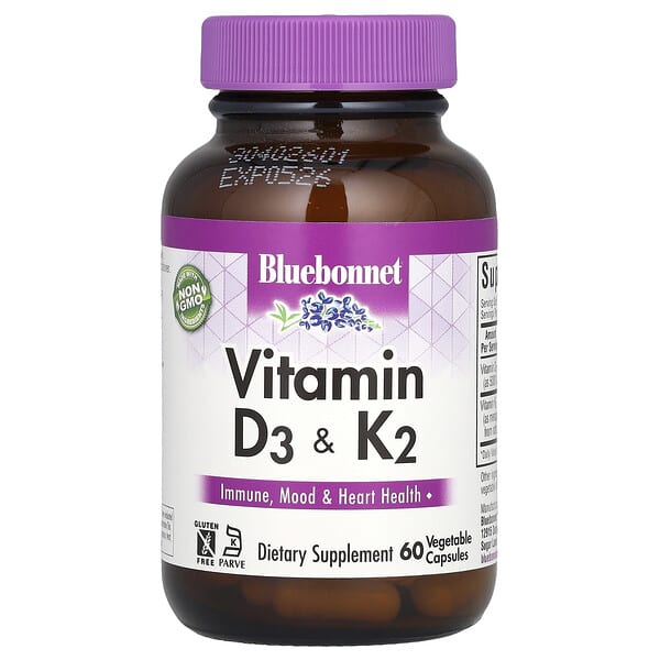Bluebonnet Nutrition Vitamin D3 & K2, 60 Vegetable Capsules