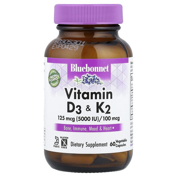 Bluebonnet Nutrition, Vitamin D3 & K2, 60 Vegetable Capsules — product photo 1