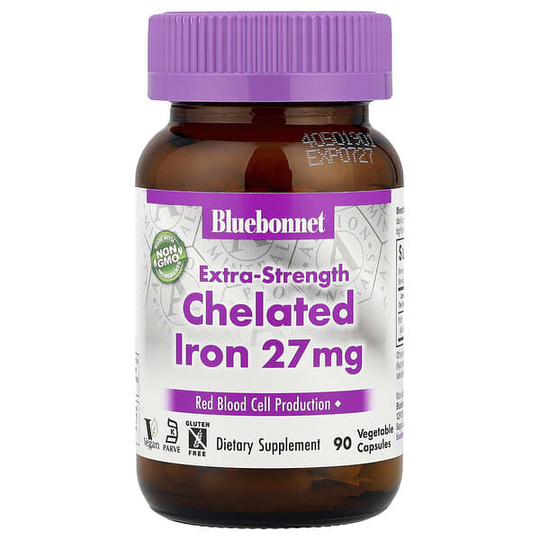 Bluebonnet Nutrition Chelated Iron, Extra-Strength, 27 mg, 90 Vegetable Capsules