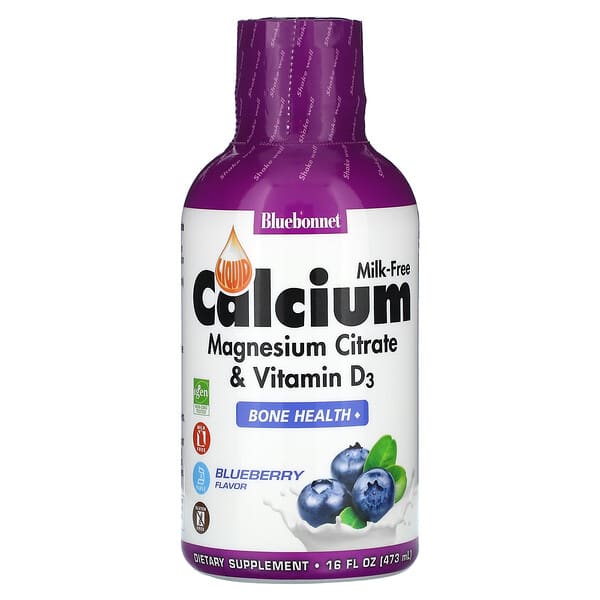 Bluebonnet Nutrition, Suplemento de calcio líquido y citrato de magnesio más vitamina D3, Arándano azul, 473 ml (16 oz. líq.)