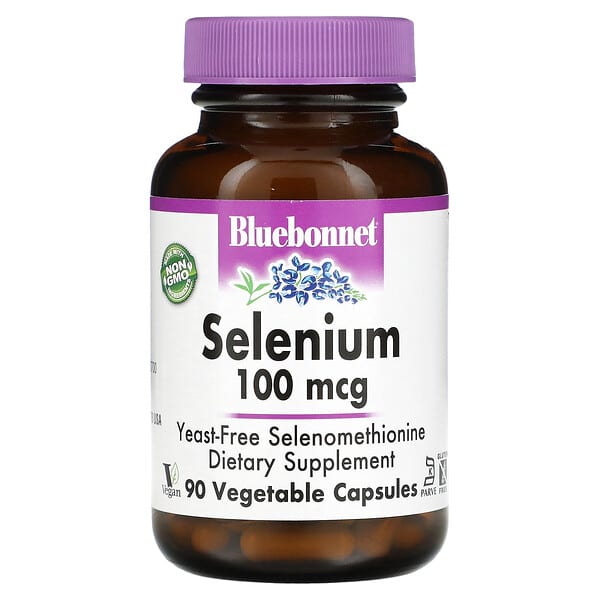 Bluebonnet Nutrition‏, "סלניום, 100 מק""ג, 90 כמוסות צמחיות."