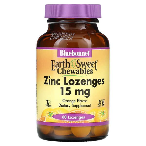 Bluebonnet Nutrition, Comprimidos masticables EarthSweet, Pastillas de zinc, Naranja, 15 mg, 60 pastillas