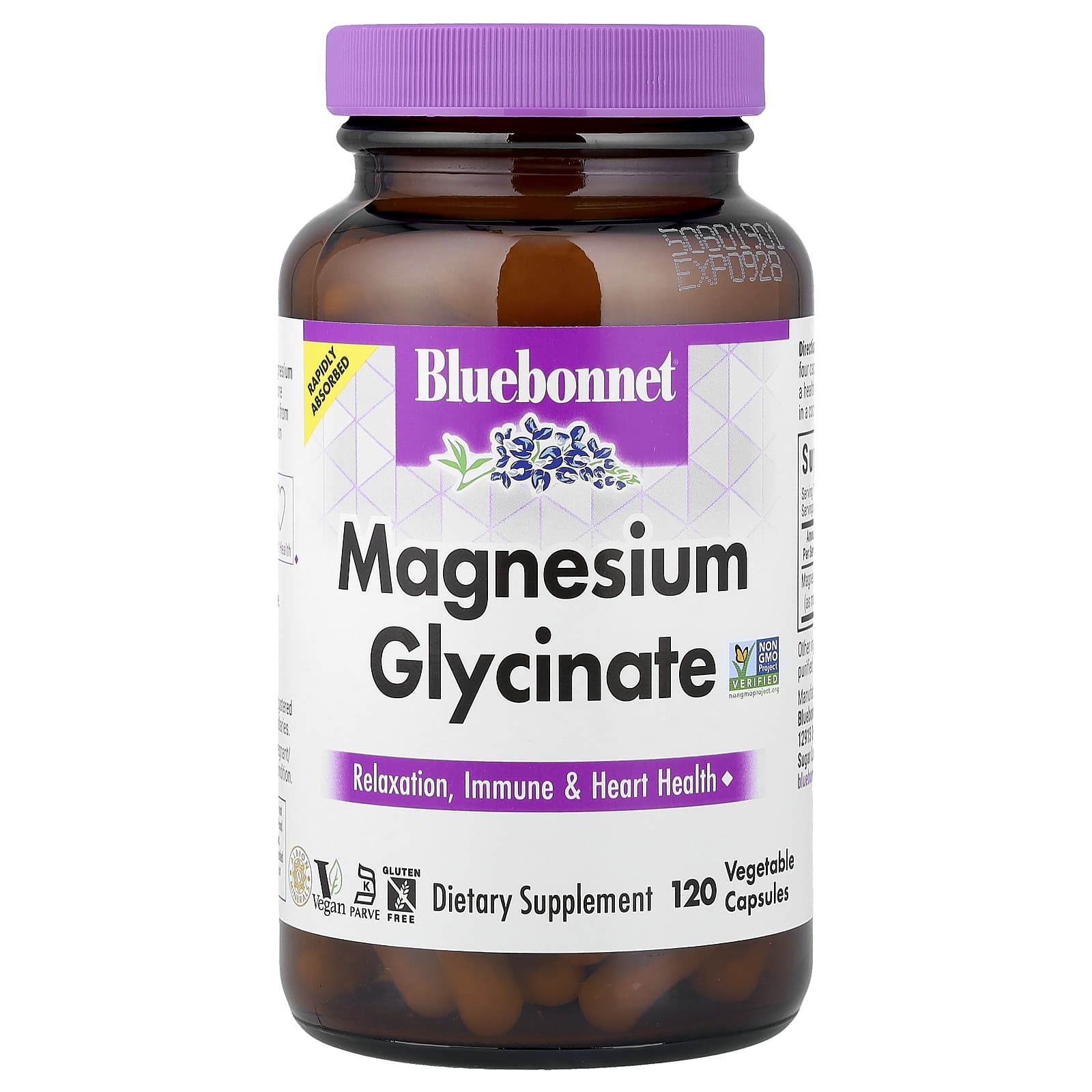 Bluebonnet Nutrition, Глицинат магния, 120 растительных капсул (100 мг на капсулу)
