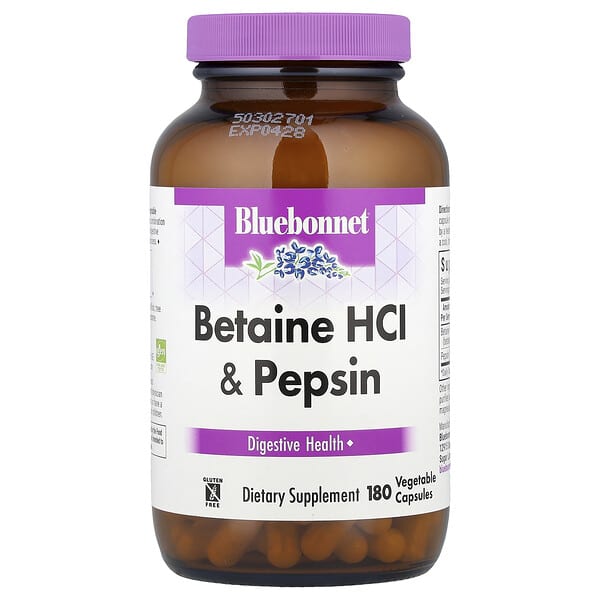 Bluebonnet Nutrition, Бетаина гидрохлорид, с пепсином, 180 растительных капсул