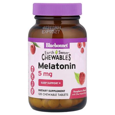 Bluebonnet Nutrition, Earth Sweet Chewables, Melatonin, Natural Raspberry Flavor, 5 mg, 120 Chewable Tablets