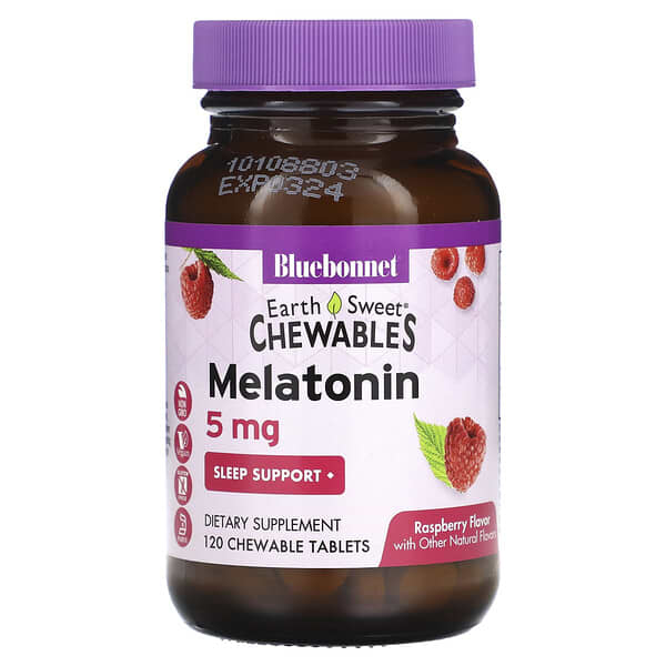 Bluebonnet Nutrition‏, טבליות לעיסות מבית Earth Sweet, מלטונין, בטעם פטל טבעי, 5 מ"ג, 120 טבליות לעיסות