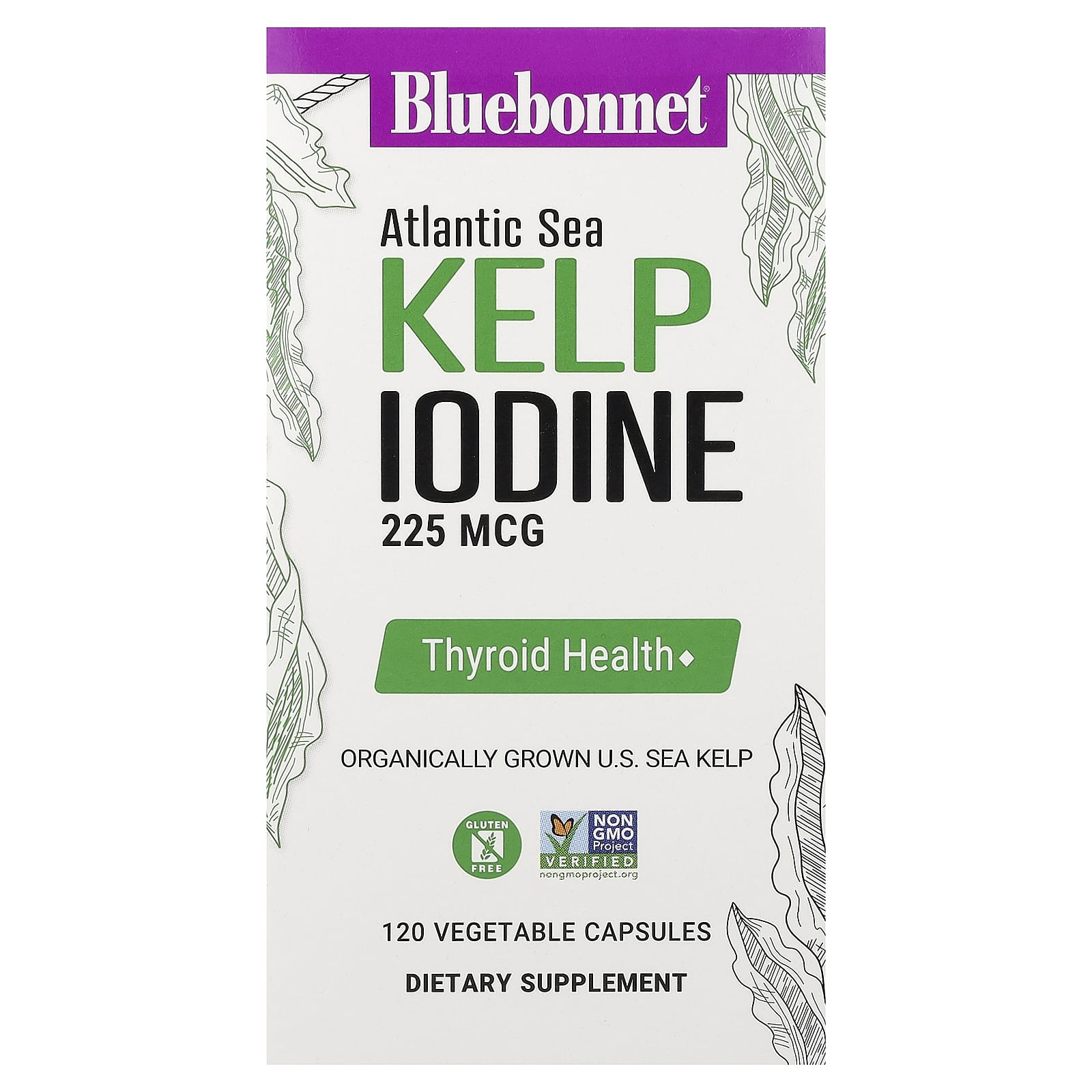 Bluebonnet Nutrition, йод из бурых водорослей атлантических морских водорослей, 225 мкг, 120 растительных капсул