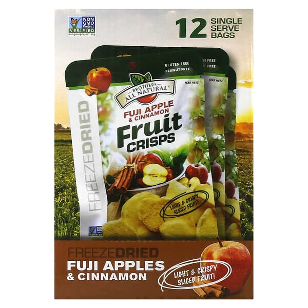 Brothers-All-Natural, Fruit Crisps, Fuji Apple & Cinnamon, 12 Single Serve Bags, 0.35 oz (10 g ) Each