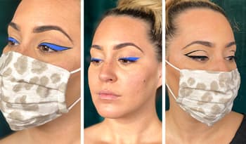 makeup artist kylie hawkins shows off three bold eyeliner looks with her face mask