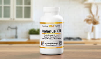 Calanus oil supplement bottle in kitchen