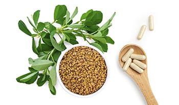 Fenugreek plant, seeds, and supplement on white background